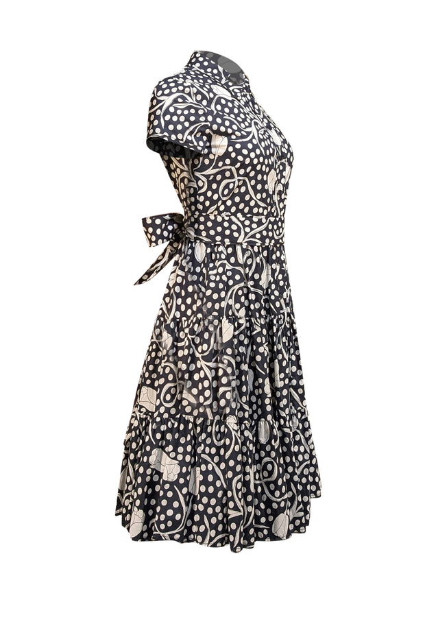 Diane von Furstenberg - Navy & Ivory Floral w/ Polka Dot Short Sleeve Dress Sz S - Current Boutique