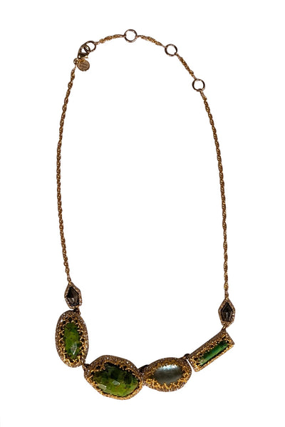 Alexis Bittar - Green Stone w/ Gold Chin & Rhinestone Trim Necklace - Current Boutique