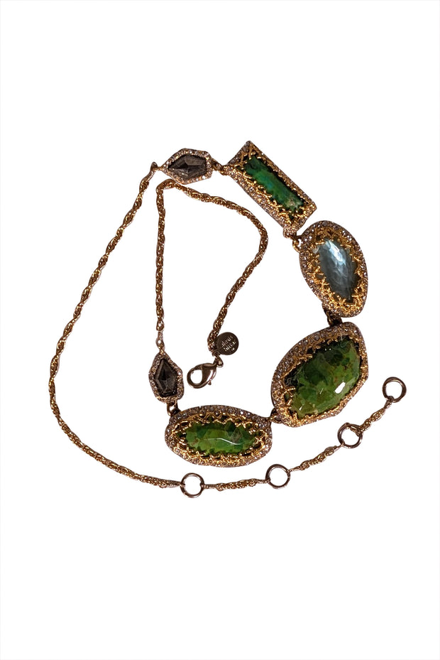 Alexis Bittar - Green Stone w/ Gold Chin & Rhinestone Trim Necklace - Current Boutique