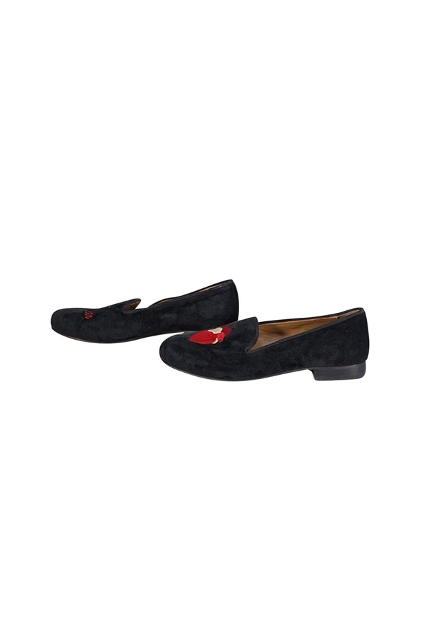 Verameat - Black Velvet Embroidered Heart Breaker Smoking Shoe Flats sz 9 - Current Boutique