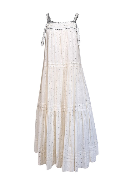 The Great - Ivory w/ Black Embroidered Polka Dot Sleeveless Maxi Dress Sz L - Current Boutique