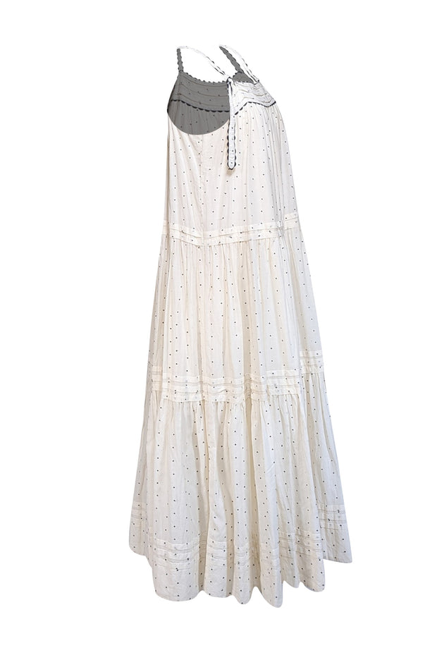The Great - Ivory w/ Black Embroidered Polka Dot Sleeveless Maxi Dress Sz L - Current Boutique