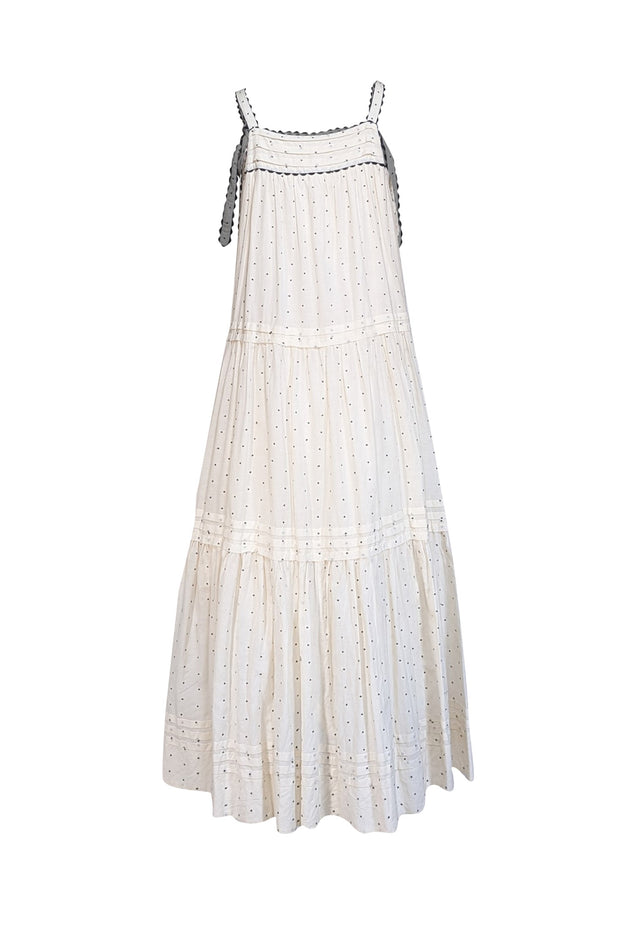 The Great - Ivory w/ Black Embroidered Polka Dot Sleeveless Maxi Dress Sz L - Current Boutique