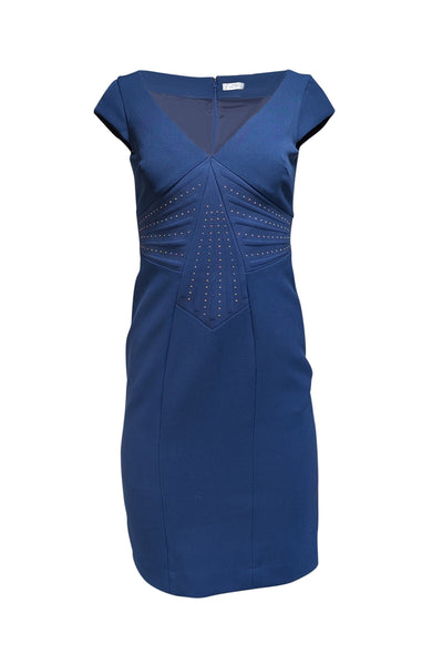 Versace - Navy Blue Cap Sleeve Dress w/ Silver Small Studded Trim Sz 4 - Current Boutique
