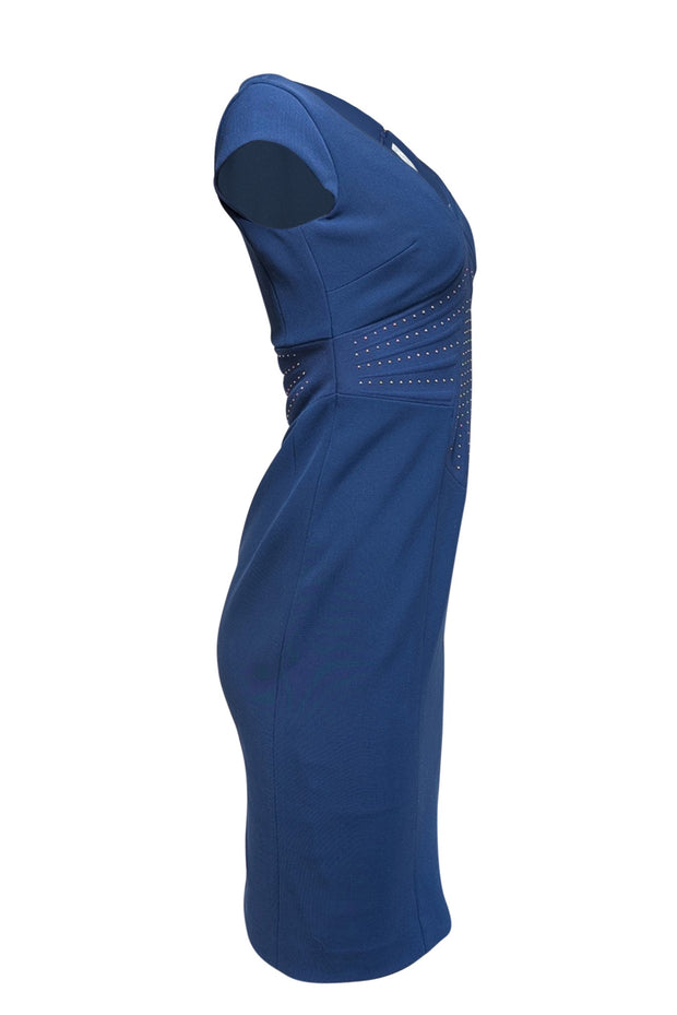 Versace - Navy Blue Cap Sleeve Dress w/ Silver Small Studded Trim Sz 4 - Current Boutique