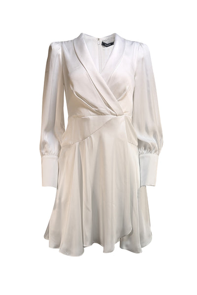 BCBG Max Azria - White Satin Tulip bottom Long Sleeve Dress Sz 4 - Current Boutique