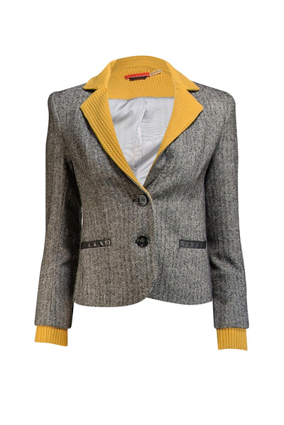 Alice & Olivia - Black Herringbone Wool Blend Blazer w/ Leather & Yellow Knit Trim Sz XS - Current Boutique