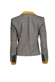 Alice & Olivia - Black Herringbone Wool Blend Blazer w/ Leather & Yellow Knit Trim Sz XS - Current Boutique