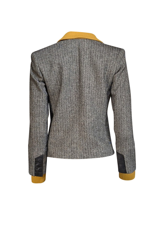 Alice & Olivia - Black Herringbone Wool Blend Blazer w/ Leather & Yellow Knit Trim Sz XS - Current Boutique
