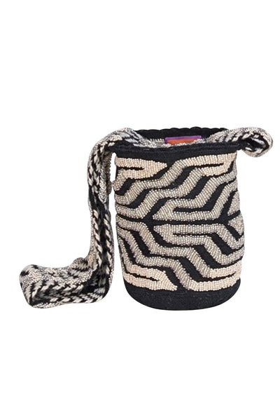 Vemoc - Black & Cream Beaded Woven Cylinder Shoulder Bag - Current Boutique