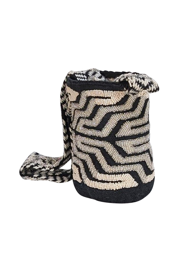 Vemoc - Black & Cream Beaded Woven Cylinder Shoulder Bag - Current Boutique