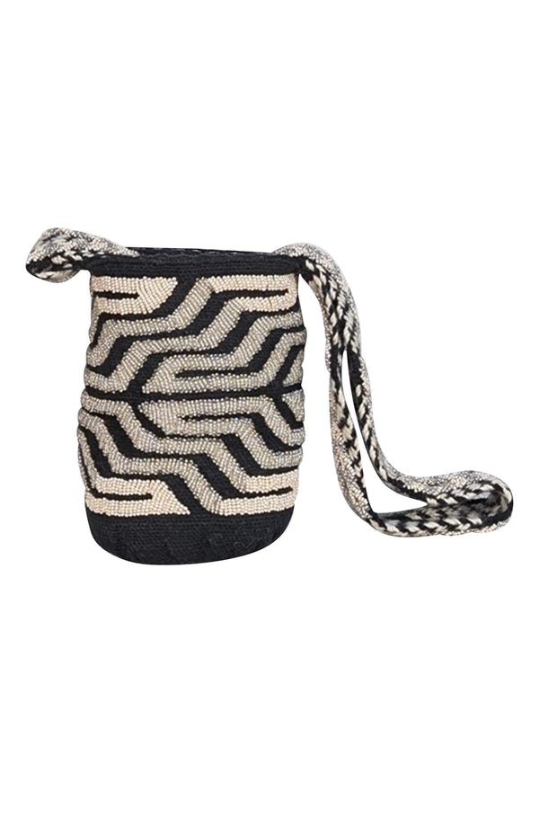 Vemoc - Black & Cream Beaded Woven Cylinder Shoulder Bag - Current Boutique