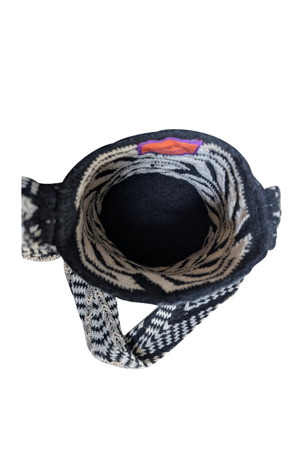 Vemoc - Black & Cream Beaded Woven Cylinder Shoulder Bag - Current Boutique
