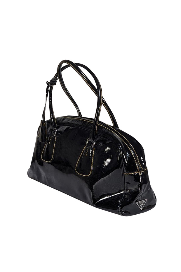 Prada - Black Textured Patent Leather Shoulder Bag - Current Boutique