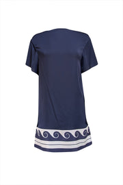 Vionnet Paris- Navy w/ White Print Trim Mini Dress Sz M - Current Boutique