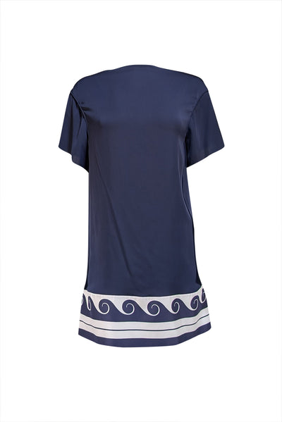 Vionnet Paris- Navy w/ White Print Trim Mini Dress Sz M - Current Boutique