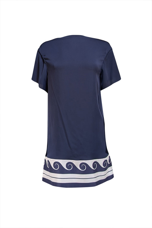Vionnet Paris- Navy w/ White Print Trim Mini Dress Sz M - Current Boutique