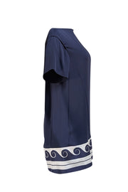 Vionnet Paris- Navy w/ White Print Trim Mini Dress Sz M - Current Boutique