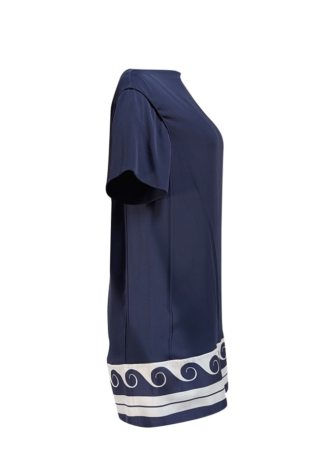 Vionnet Paris- Navy w/ White Print Trim Mini Dress Sz M - Current Boutique