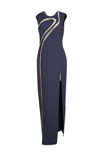 Versace - Navy Sleeveless Rhinestone & Mesh Detail Front Slit Formal Dress Sz 10 - Current Boutique