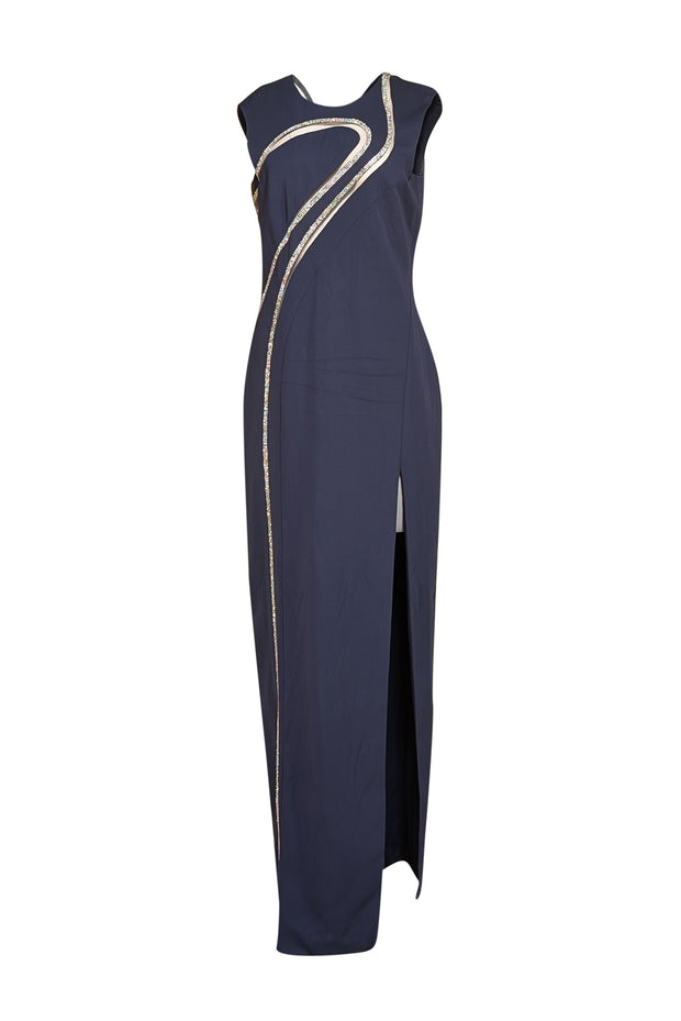 Versace - Navy Sleeveless Rhinestone & Mesh Detail Front Slit Formal Dress Sz 10 - Current Boutique