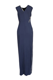 Versace - Navy Sleeveless Rhinestone & Mesh Detail Front Slit Formal Dress Sz 10 - Current Boutique
