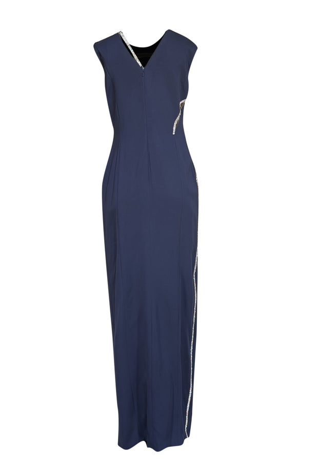 Versace - Navy Sleeveless Rhinestone & Mesh Detail Front Slit Formal Dress Sz 10 - Current Boutique