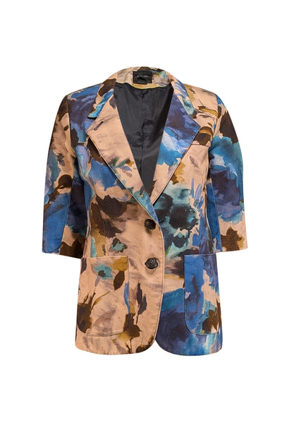 Smythe - Beige w/ Blue & Brown Watercolor Floral Print Blazer Sz 8 - Current Boutique