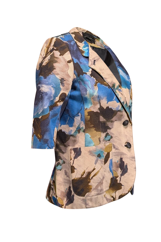 Smythe - Beige w/ Blue & Brown Watercolor Floral Print Blazer Sz 8 - Current Boutique