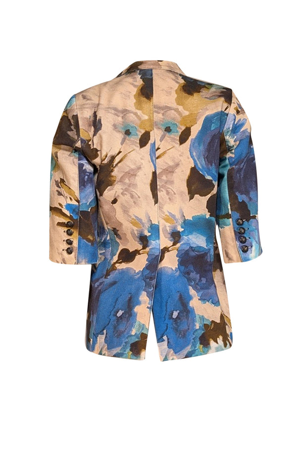 Smythe - Beige w/ Blue & Brown Watercolor Floral Print Blazer Sz 8 - Current Boutique