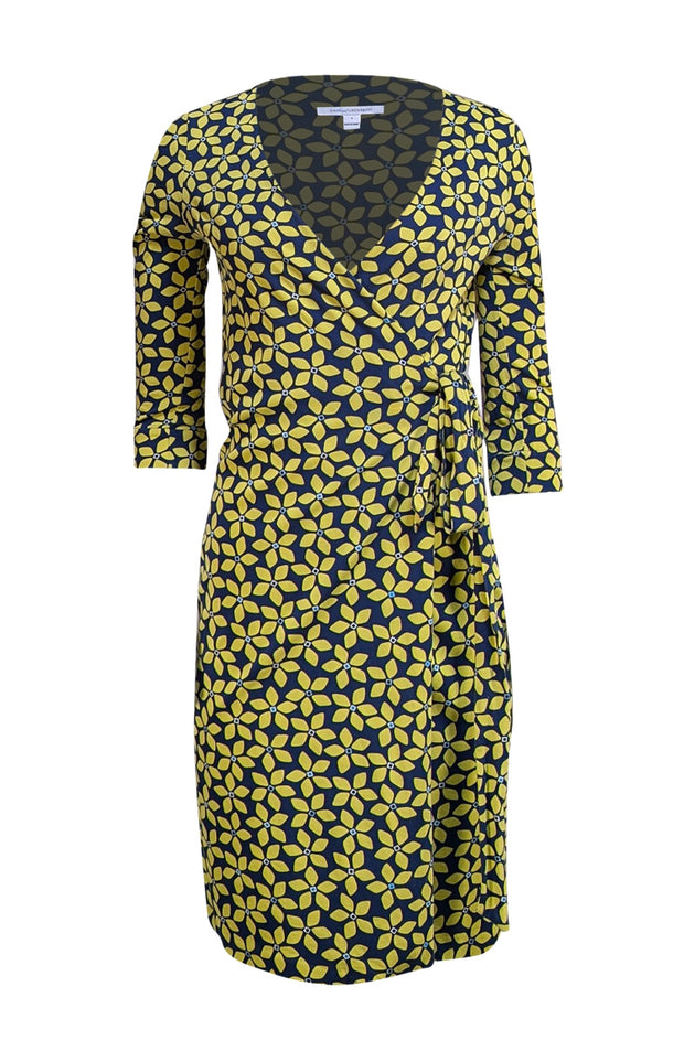 Diane von Furstenberg - Navy & Yellow Floral Wrap Dress Sz 4 - Current Boutique
