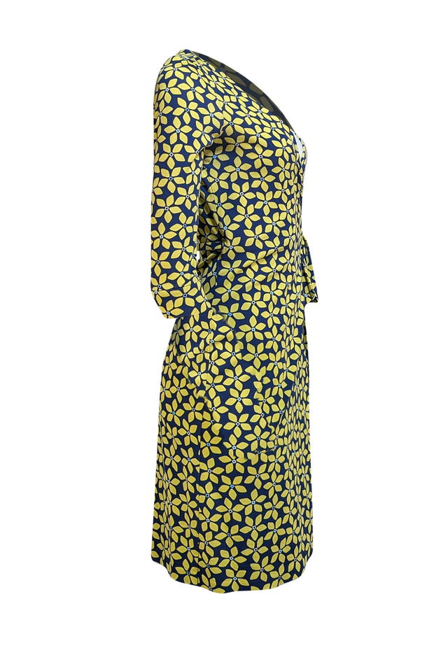 Diane von Furstenberg - Navy & Yellow Floral Wrap Dress Sz 4 - Current Boutique