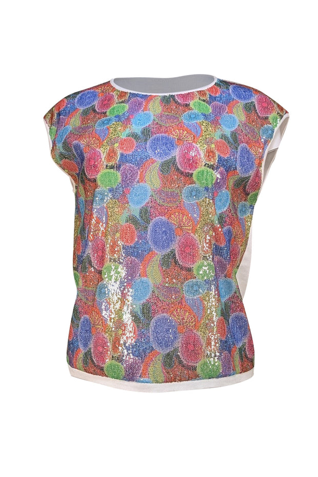 Fuzzi - White Knit Cap Sleeve Top w/ Multi Color Sequin Front Sz S - Current Boutique