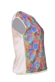 Fuzzi - White Knit Cap Sleeve Top w/ Multi Color Sequin Front Sz S - Current Boutique