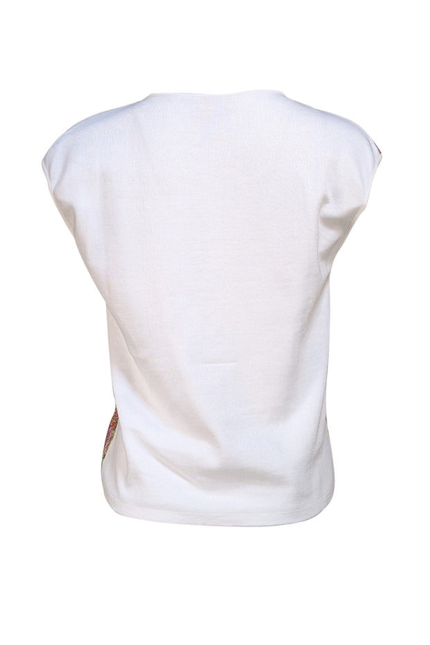 Fuzzi - White Knit Cap Sleeve Top w/ Multi Color Sequin Front Sz S - Current Boutique
