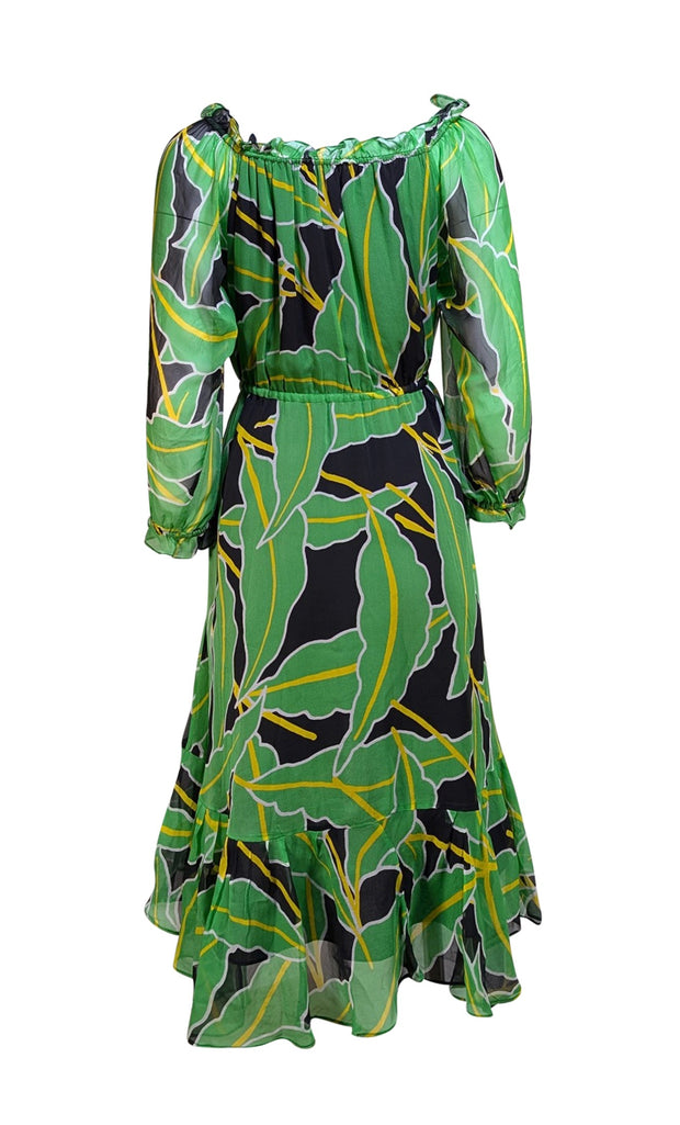 Diane von Furstenberg - Green, Black, & Yellow Print Drawstring Waist Dress Sz XS - Current Boutique