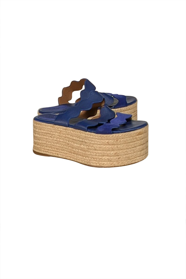Chloe - Royal Blue Leather Squiggle Strap Espadrille Platform Sandals Sz 8