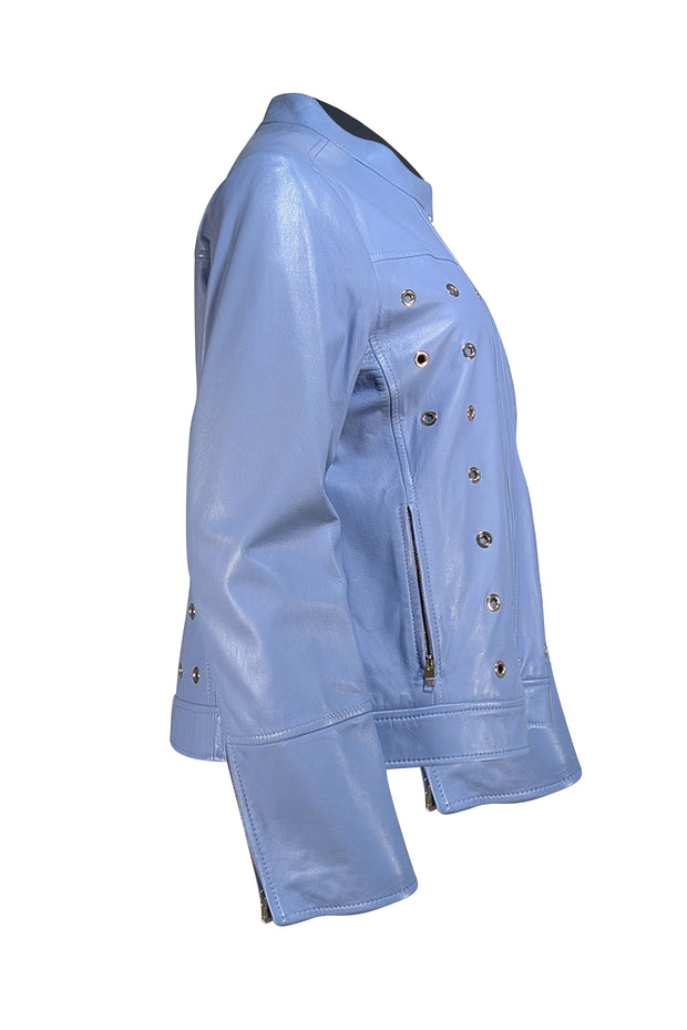 Escada - Light Blue Lamb Leather Grommet Detail Jacket Sz 14 - Current Boutique