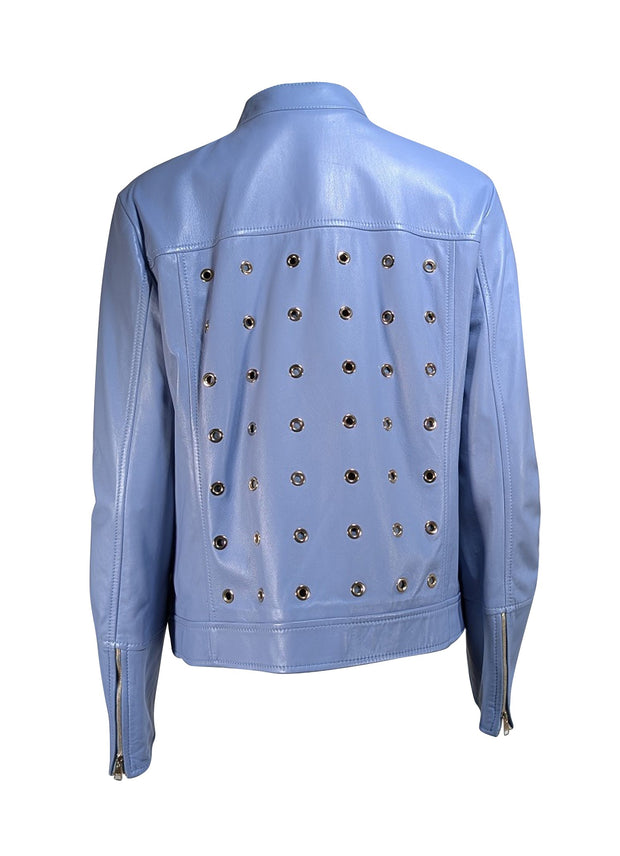Escada - Light Blue Lamb Leather Grommet Detail Jacket Sz 14 - Current Boutique