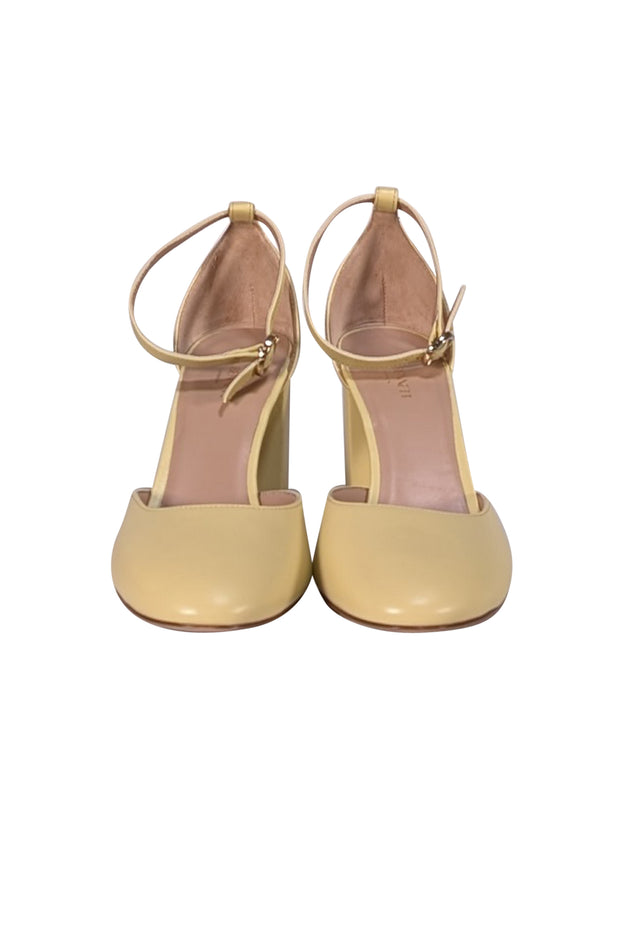 L.K. Bennett - Butter Yellow Leather Ankle Strap "Simmi" Block Heels Sz 10 - Current Boutique