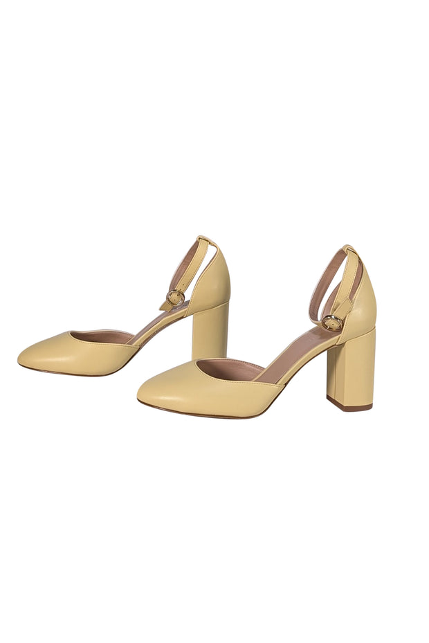 L.K. Bennett - Butter Yellow Leather Ankle Strap "Simmi" Block Heels Sz 10 - Current Boutique