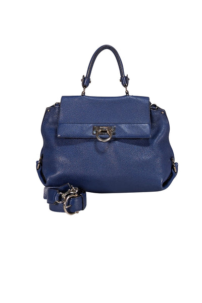 Ferragamo - Royal Blue Pebbled Leather Silver Hardware Satchel Bag - Current Boutique