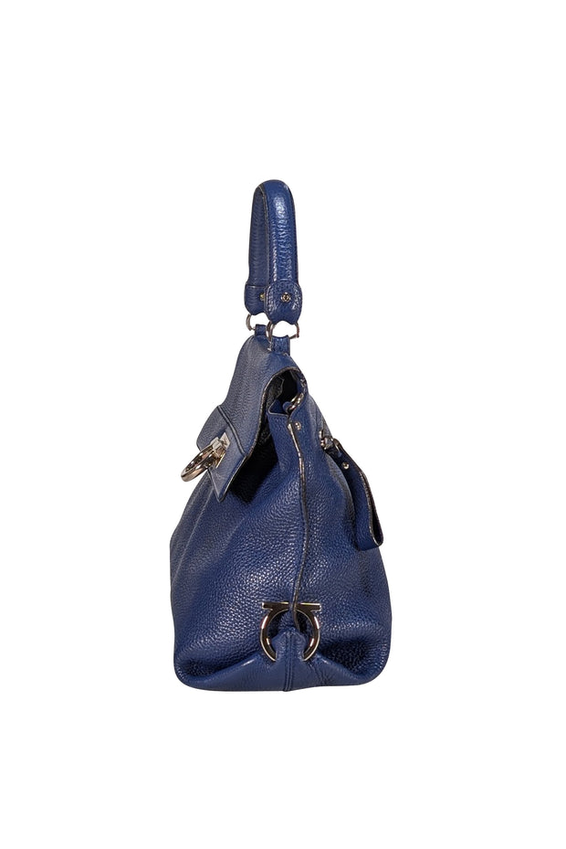 Ferragamo - Royal Blue Pebbled Leather Silver Hardware Satchel Bag - Current Boutique