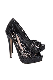 Miu Miu - Black Patent Leather Laser Cut Peep Toe Pumps Sz 6.5