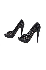 Miu Miu - Black Patent Leather Laser Cut Peep Toe Pumps Sz 6.5