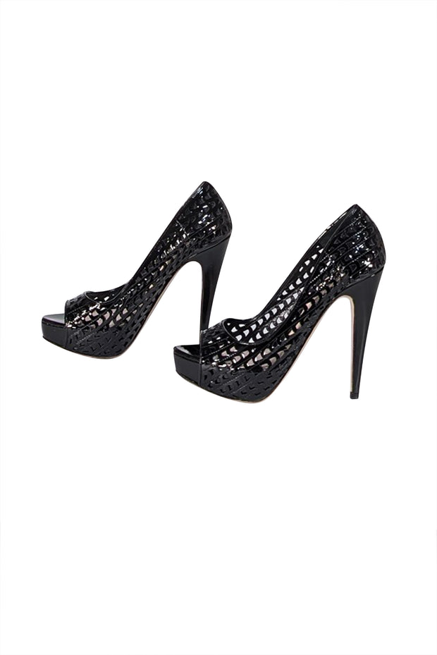 Miu Miu - Black Patent Leather Laser Cut Peep Toe Pumps Sz 6.5