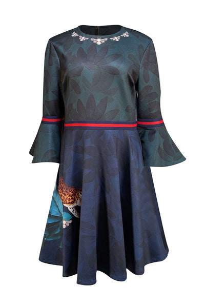 Ted Baker - Green & Navy Floral Multi Print Mini Dress Sz 12 - Current Boutique