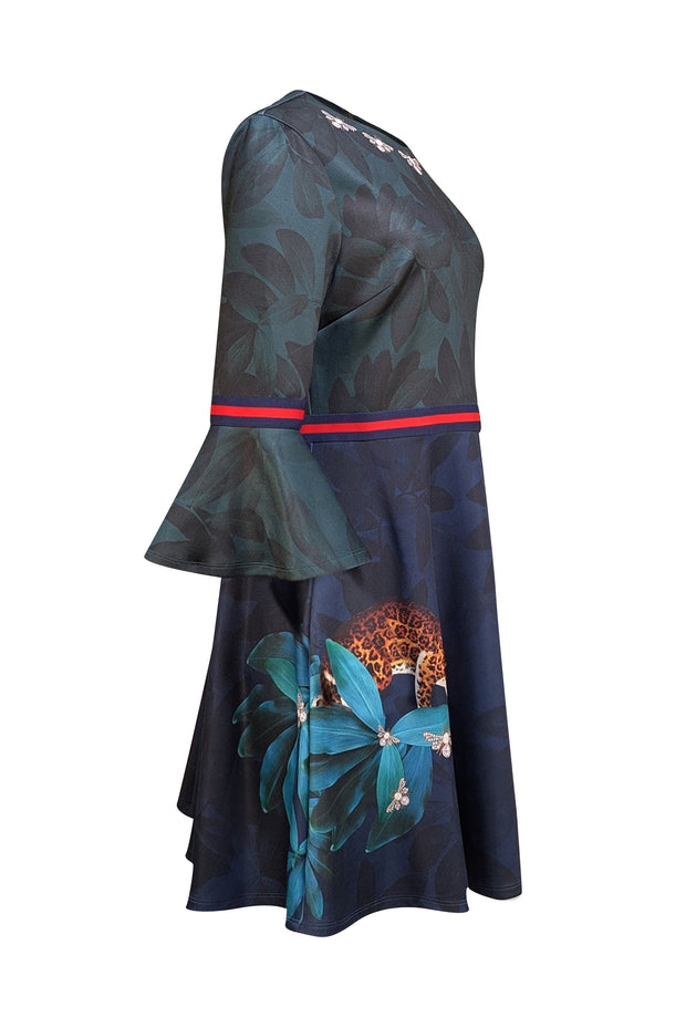 Ted Baker - Green & Navy Floral Multi Print Mini Dress Sz 12 - Current Boutique