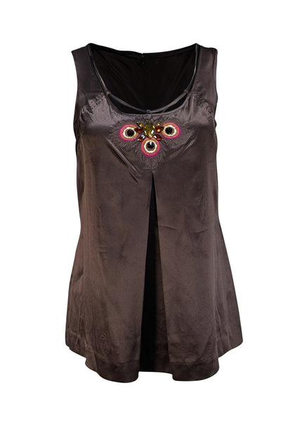 Tory Burch - Brown Silk Sleeveless Jewel Detail Top Sz 4 - Current Boutique