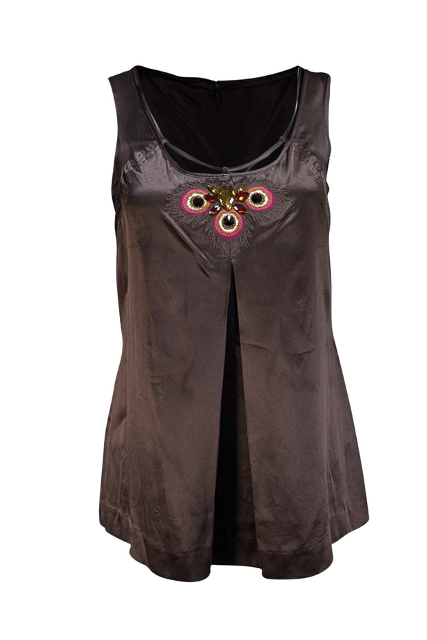Tory Burch - Brown Silk Sleeveless Jewel Detail Top Sz 4 - Current Boutique